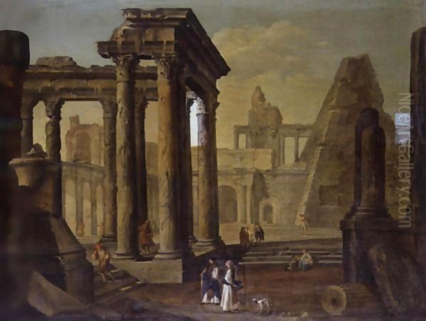 A Capriccio With Roman Ruins Oil Painting by Hubert Robert