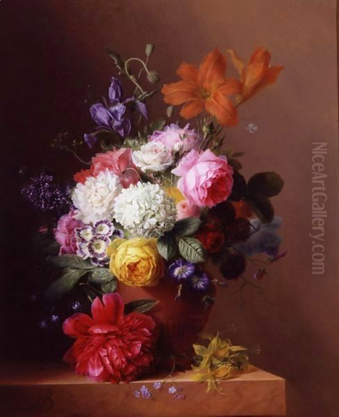 Still Life Of Flowers In A Terracotta Urn Resting On A Marble Ledge Oil Painting by Arnoldus Bloemers