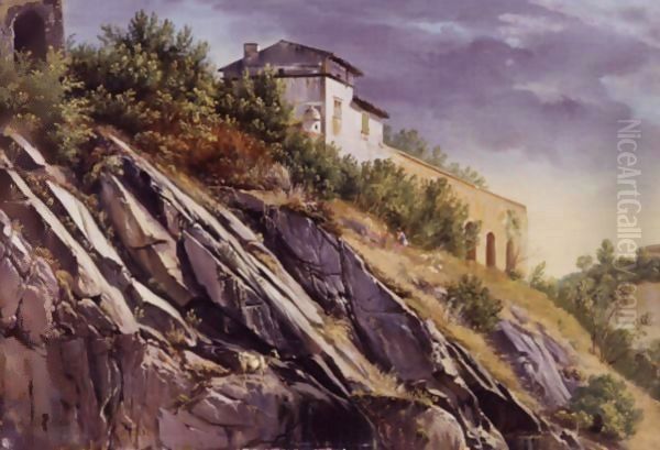 View Of A Building On Top Of A Rocky Hill Oil Painting by Alexandre Calame