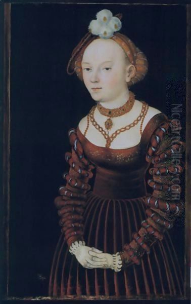 Portrait Of A Young Lady Dressed In A Red Velvet Dress And Wearing A Plumed Cap Oil Painting by Lucas The Elder Cranach