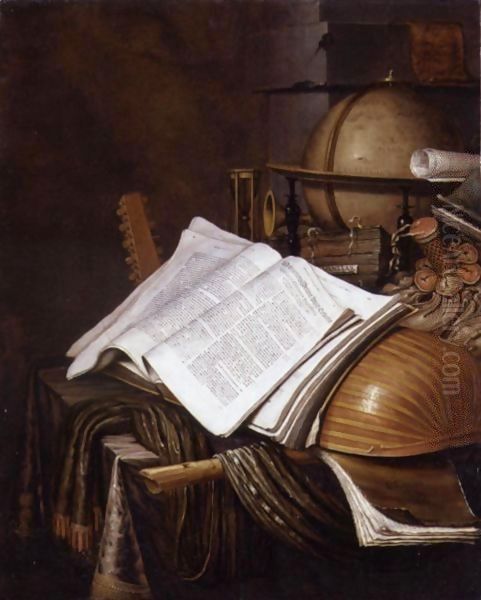 A Vanitas Still Life With A Globe, An Hourglass, A Pouch, Books, Sheet Music,a Lute And Other Musical Instruments On A Draped Table Oil Painting by Edwart Collier