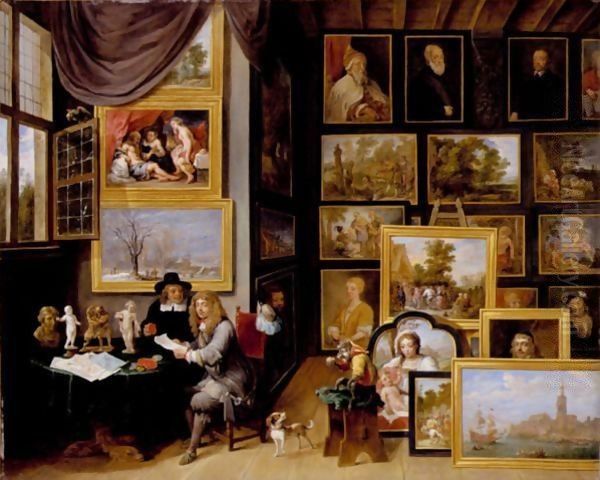 A Picture Gallery With Two Men Examining A Seal And A Red Chalk Drawing And A Monkey Present Oil Painting by David The Younger Teniers