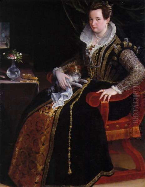 A Portrait Of Costanza Alidosi Seated And Holding A Small Dog, A Still Life Of A Vase Of Flowers And Jewelry On A Table Beside Her Oil Painting by Lavinia Fontana