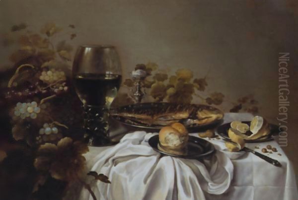 Still Life Of A Fish, Bread, A Peeled Lemon, Grapes In A Basket, A Salt And A Roemer, All On A Draped Table Oil Painting by Roloef Koets