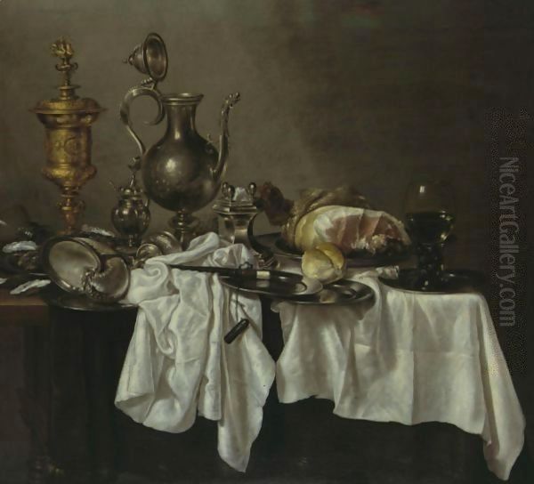 Still Life With A Silver Ewer, A Silver-Gilt Covered Cup, A Ham, A Salt, A Roemer, A Nautilus Shell And Other Objects, All On A Cloth-Draped Table Oil Painting by Willem Claesz. Heda