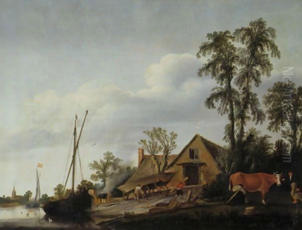 A View Of A Riverbank With A Boatyard Oil Painting by Esaias Van De Velde