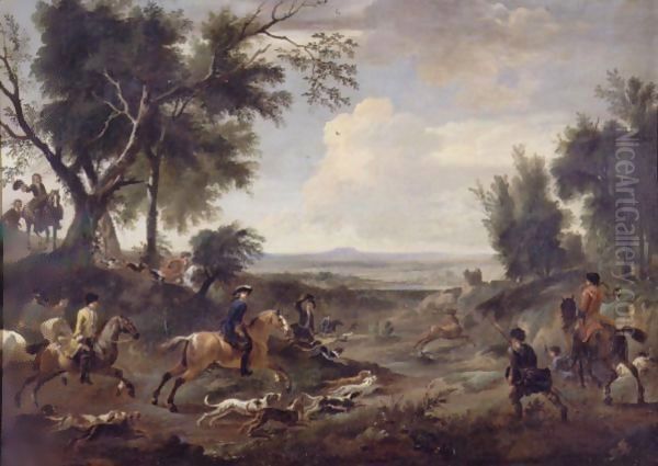 An Extensive Landscape With A Stag Hunt Oil Painting by Jan Wyck