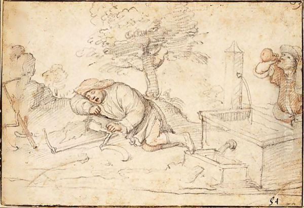 Two Peasants, One Resting By A Fountain While Another Drinks From A Flask Oil Painting by Federico Zuccaro