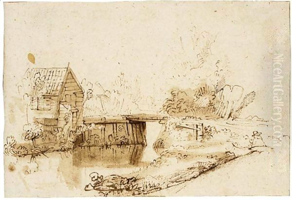 Landscape With A Draughtsman Seated By A River, A Bridge And A Cottage Behind Oil Painting by Nicolaes Maes