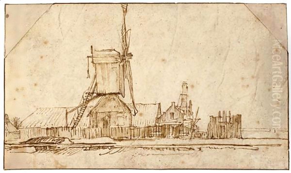 Landscape With A Windmill And Other Buildings Oil Painting by Rembrandt Van Rijn