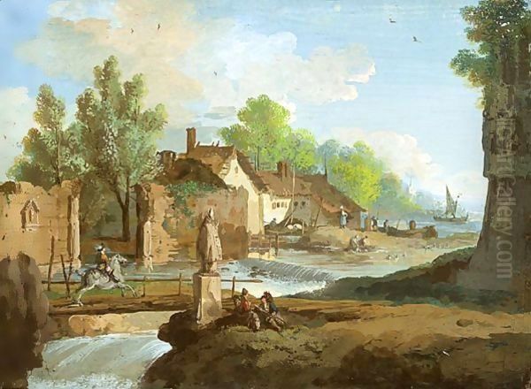 A River With Small Waterfalls Winding Through A Village Past A Ruined Wall Oil Painting by Giuseppe Bernardino Bison