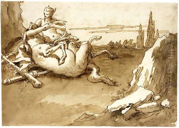 A Centaur And A Female Faun In A Landscape Oil Painting by Giovanni Domenico Tiepolo