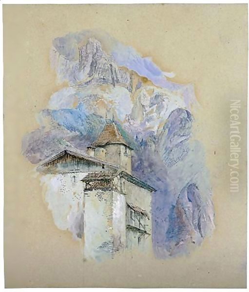 A View Of A Building And Tower In The Alps Oil Painting by John Ruskin