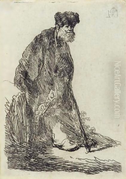 Man In A Cloak And Fur Cap Leaning Against A Bank Oil Painting by Rembrandt Van Rijn