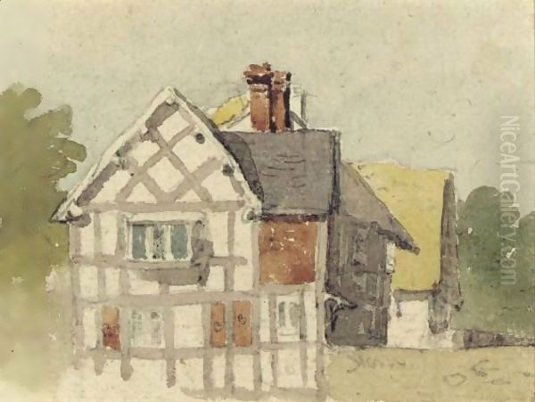 A Half-Timbered Cottage Oil Painting by David Cox