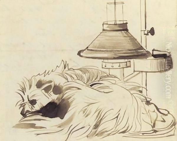 A Dog Asleep Beside A Reading Lamp Oil Painting by Daniel Maclise