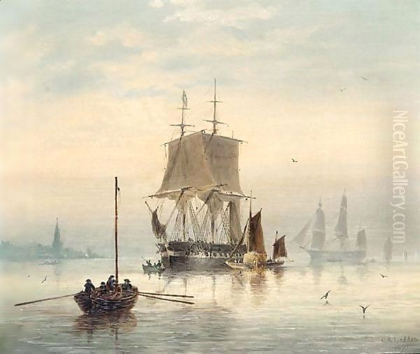 Estuary Scene With Man-O'-War At Anchor And Hay Barge Oil Painting by Capt. Charles A. Lodder