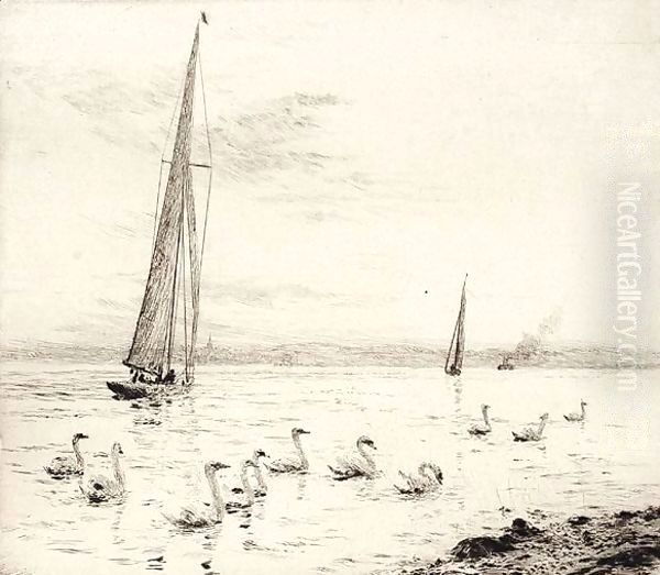 Shailing boats and swans Oil Painting by William Lionel Wyllie