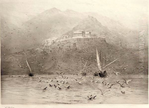 Seagulls over a bay with a temple on the headland Oil Painting by William Lionel Wyllie