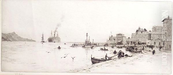 Fishing boats in a harbour Oil Painting by William Lionel Wyllie