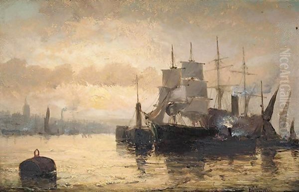 Shipping on harbour Oil Painting by William A. Thornley or Thornbery