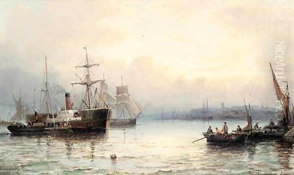 Harbour scene with steamboat Oil Painting by Hubert Thornley