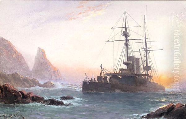 HMS Montague ashore on lundy island Oil Painting by James Millar