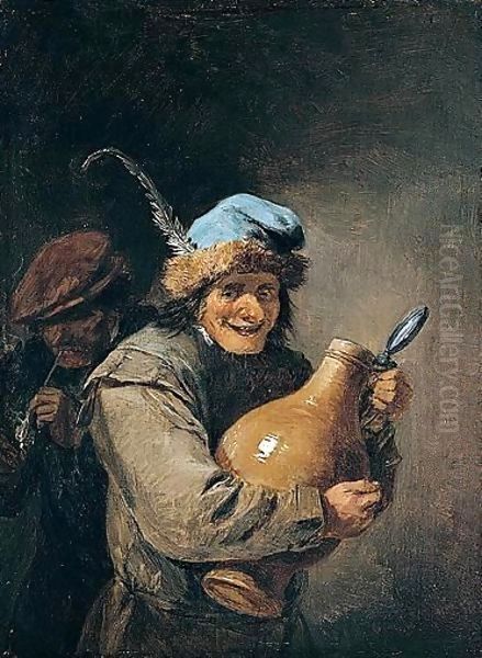 A Peasant holding a stoneware jug Oil Painting by David The Younger Teniers