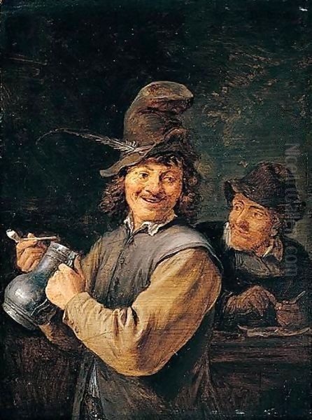 A Peasant holding a large stoneware flagon Oil Painting by David The Younger Teniers