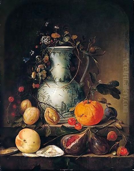 Still life of a blue and white porcelain vase, with garland of flowers Oil Painting by Jan Davidsz. De Heem