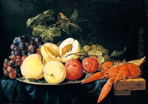 Still life of peaches, plums and black and green grapes on a silver plate Oil Painting by Jan Davidsz. De Heem