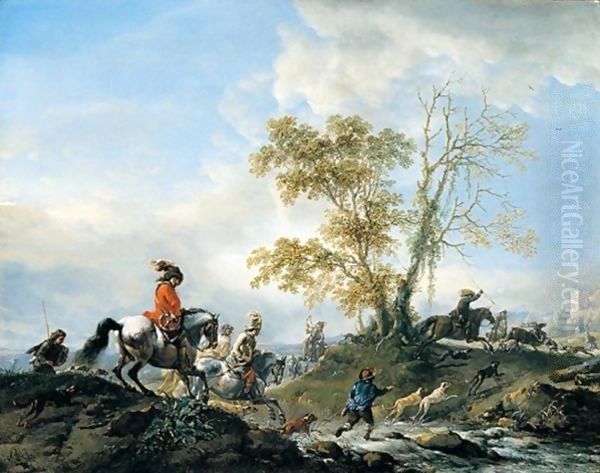 A landscape with a stag hunt in full cry, fording a stream Oil Painting by Philips Wouwerman