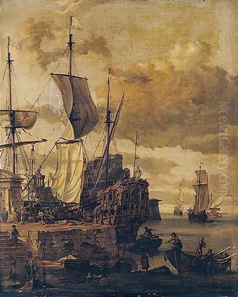 A mediterranean harbour scene Oil Painting by Abraham Storck