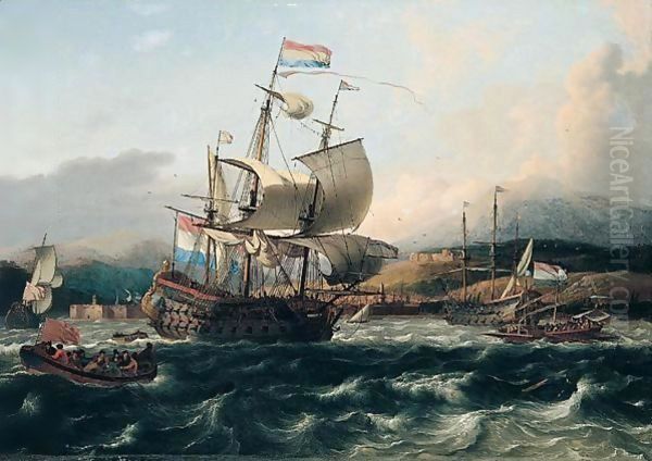 Dutch and english men of war with galley and other shipping off a Levantine coast Oil Painting by Ludolf Backhuysen