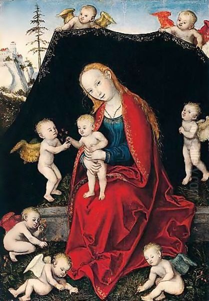 The virgin and child with seven angels Oil Painting by Lucas The Younger Cranach