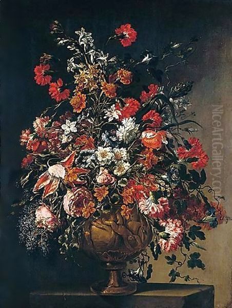 A still life of various flowers in an ormolu vase with putti Oil Painting by dei Fiori (Nuzzi) Mario