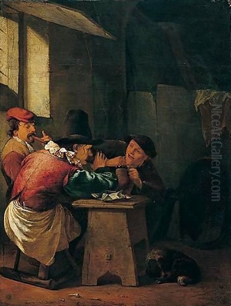 An interior with two men drinking and another playing a recorder Oil Painting by Johannes Natus