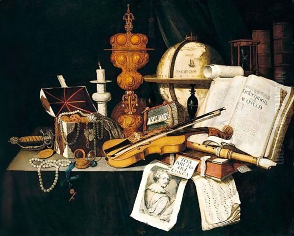 A vanitas still life of violin, recorder, music score, globe Oil Painting by Edwart Collier