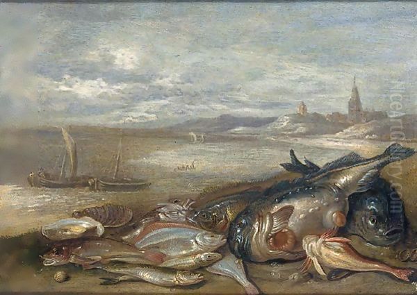 A still life of various fish and crustaceans on a bech Oil Painting by Jan van Kessel