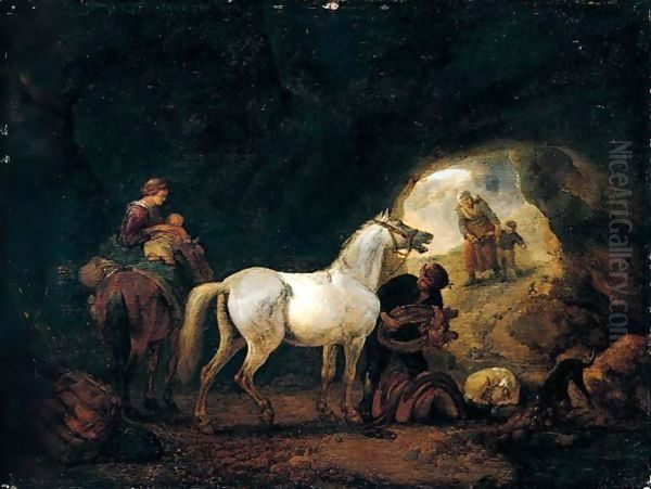 A man staddling a white horse in cave Oil Painting by Philips Wouwerman