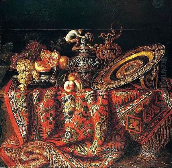 Still life of peaches, grapes and pomegranates in a pewter bowl Oil Painting by Jacques Hupin