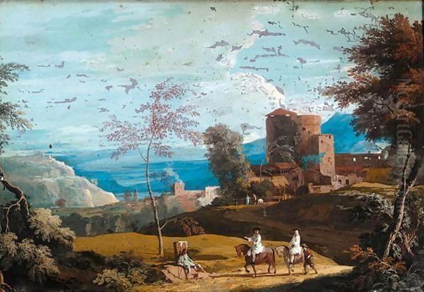 A landscape with travellers on a road Oil Painting by Marco Ricci