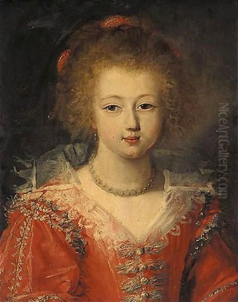 Portrait Of A Young Girl, Wearing A Red Embroidered Dress And A White Ruff Oil Painting by Frans Pourbus the younger