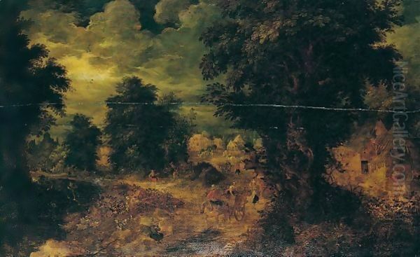 A Woodland Landscape With Figures And Waggons On The Outskirts Of A Village Oil Painting by Abraham Govaerts