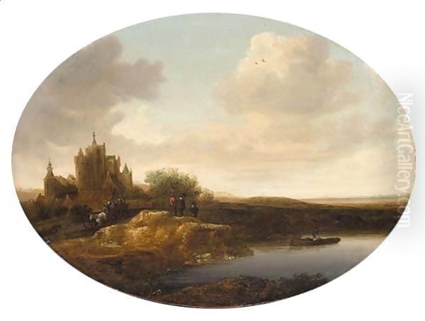 River Landscape With A Horse-Drawn Cart And Figures On A Bank, A Fisherman Nearby Oil Painting by Jan Coelenbier