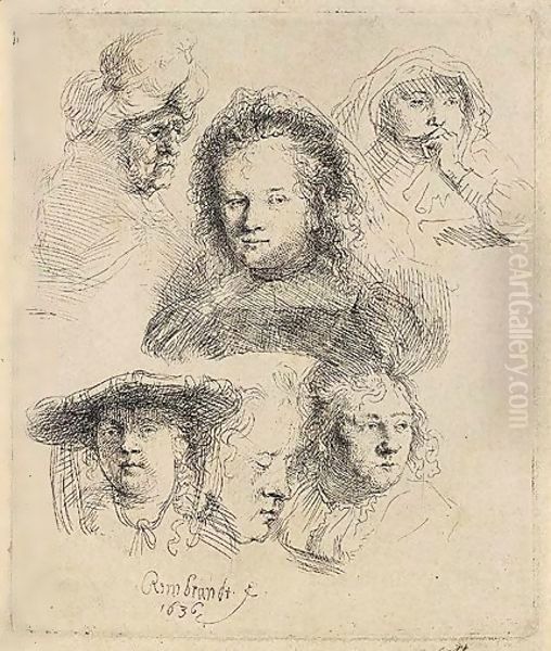 Studies Of The Head Of Saskia And Others Oil Painting by Rembrandt Van Rijn