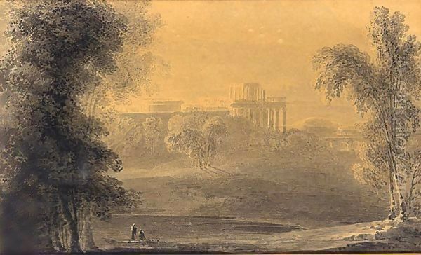 Parkland With Manor House In The Distance Oil Painting by John Martin