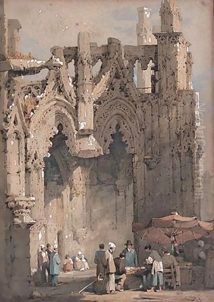 Figures By A Medieval Church Oil Painting by Samuel Prout