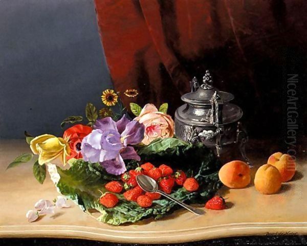 Still Life Of Flowers And Fruit Oil Painting by David Emil Joseph de Noter