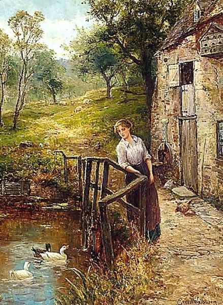 Young Lady At The Mill Pond Oil Painting by Ernst Walbourn